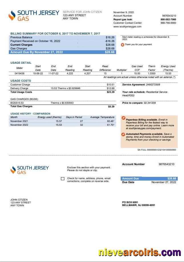 USA New Jersey South Jersey Gas utility bill